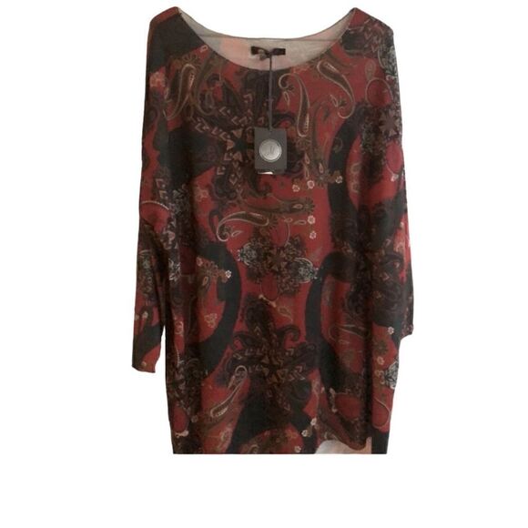 M made in Italy NWT Women’s Paisley Rust, Silver Neck Detail Dk Green Top Size:L - Picture 2 of 5